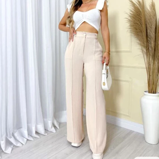 Calça GG Feminina Pantalona Wide Leg Duna com Botão Tendência 2025