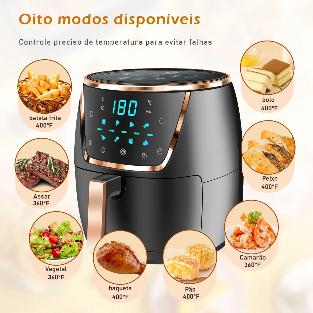 COIBEU Fritadeira Elétrica sem Óleo 5L Air Fryer Digital Touch 1500Watts Preto 127V/220V - Image 6